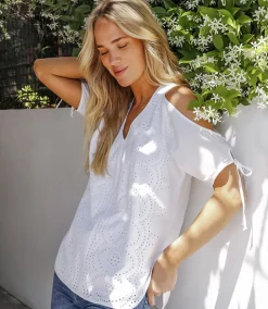 Embroidered Cold Shoulder Top