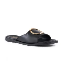 Gold Accent Leather Slide Sandals