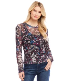 Long Sleeve Paisley Crew Neck Top