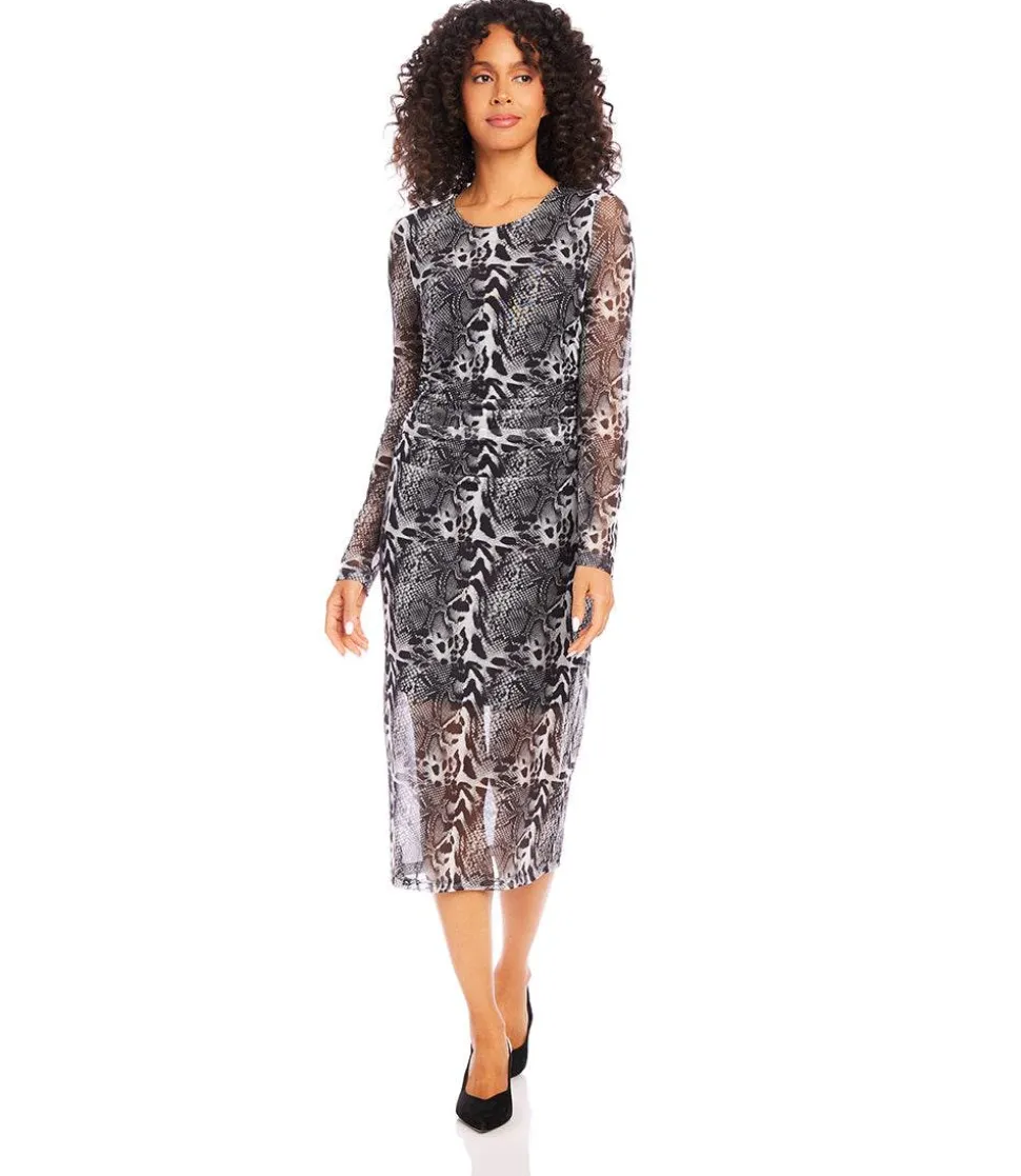 Mesh Side Shirred Midi Dress