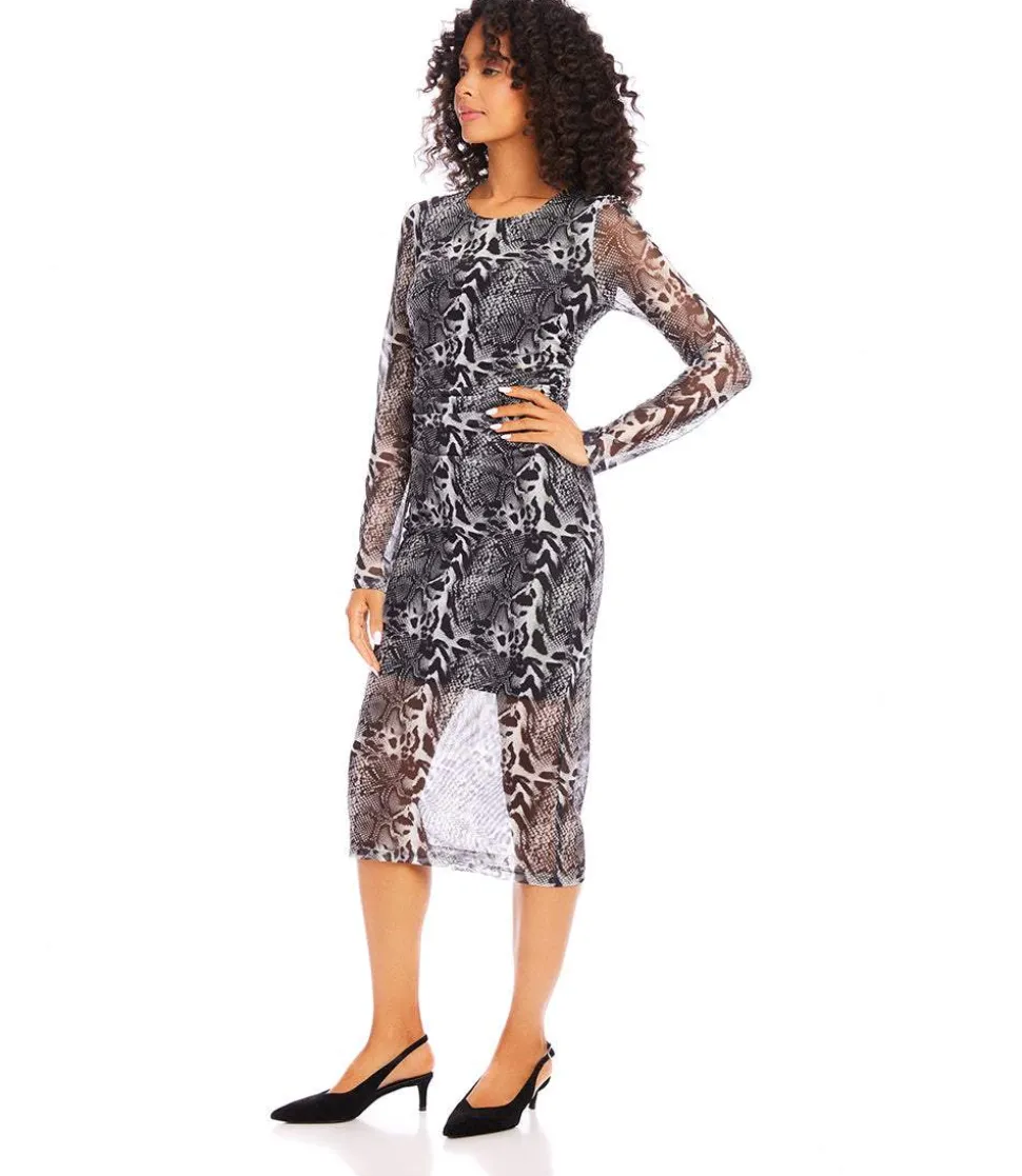 Mesh Side Shirred Midi Dress