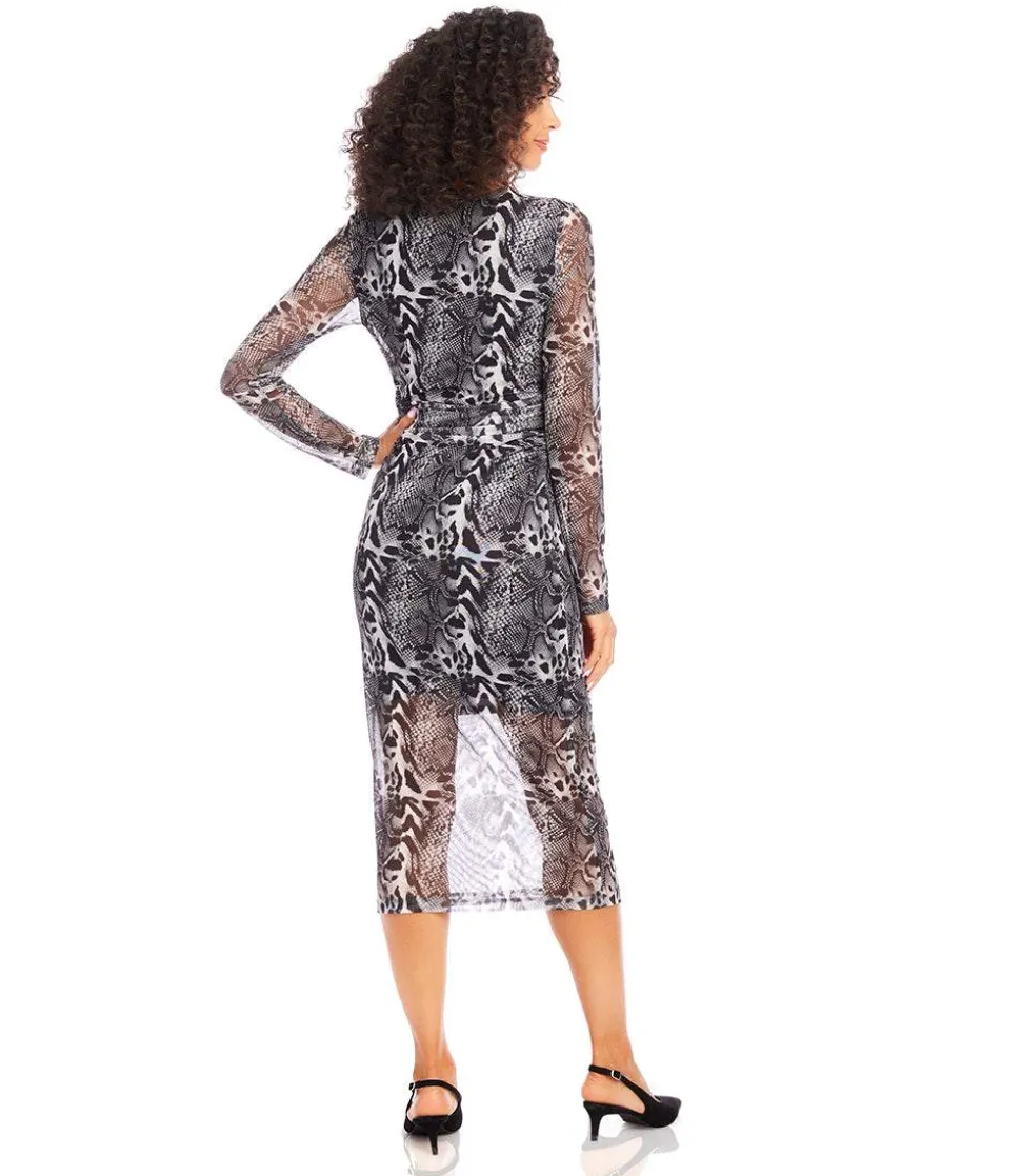 Mesh Side Shirred Midi Dress