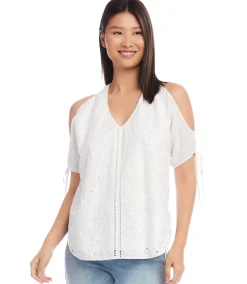 Petite Size Embroidered Cold Shoulder Top