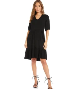 Petite Size Puff Sleeve Tiered Dress