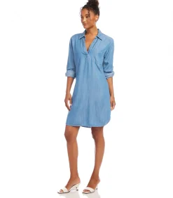 Petite Size Roll Tab Sleeve Chambray Shirtdress