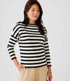 Petite Size Stripe Three Quarter Sleeve Boatneck Top