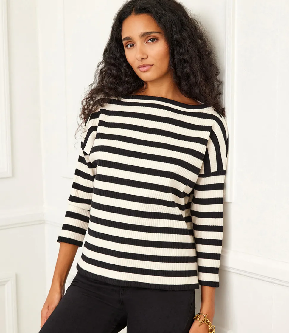Petite Size Stripe Three Quarter Sleeve Boatneck Top