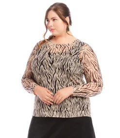 Plus Size Long Sleeve Crew Neck Mesh Top