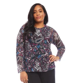 Plus Size Long Sleeve Paisley Crewneck Top