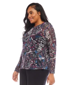 Plus Size Long Sleeve Paisley Crewneck Top