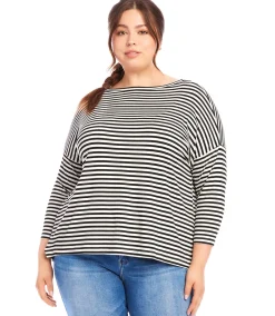 Plus Size Stripe Three Quarter Sleeve Boatneck Top