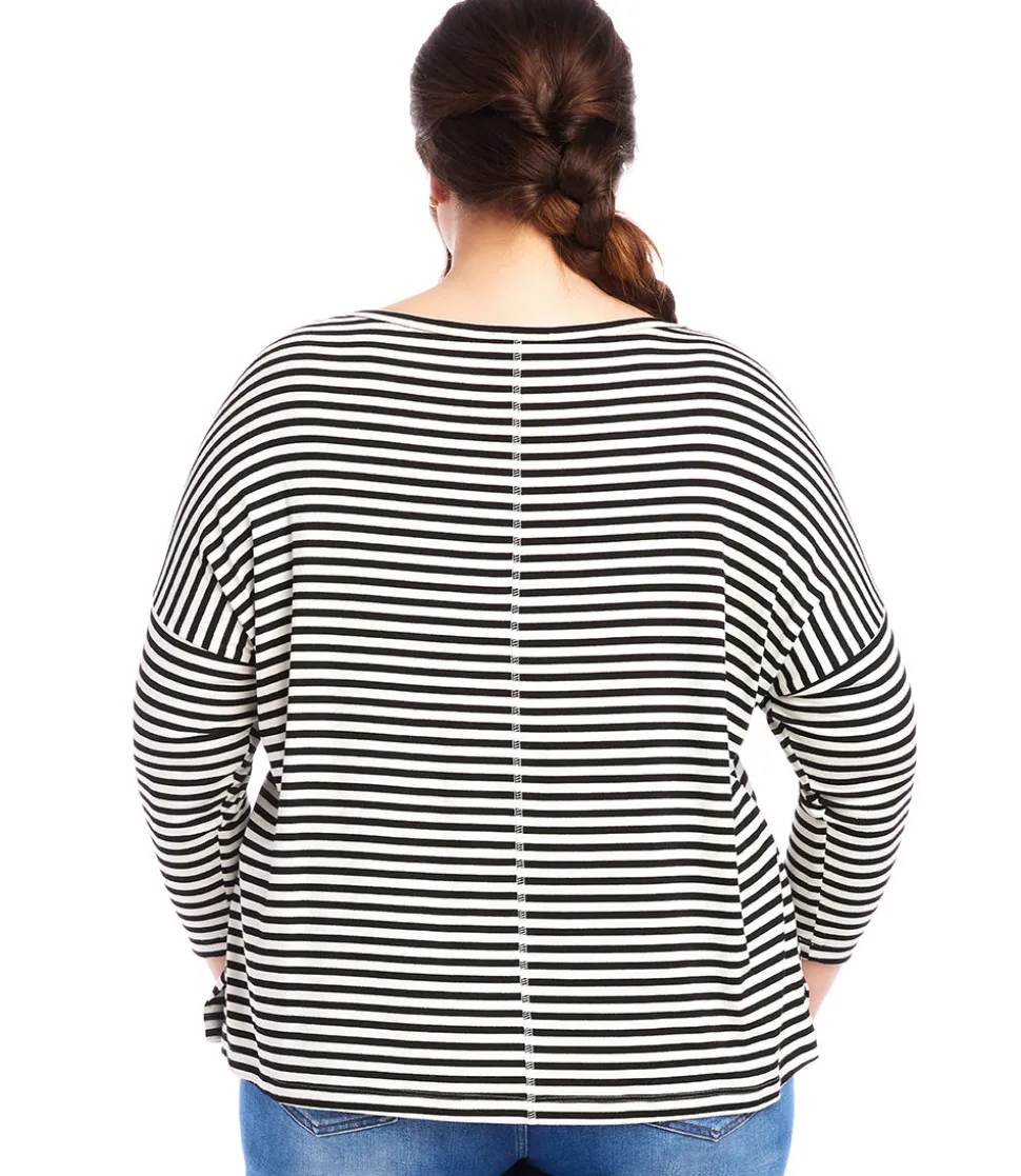 Plus Size Stripe Three Quarter Sleeve Boatneck Top