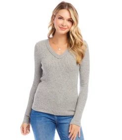 Ribbed Long Sleeve V-neck Top