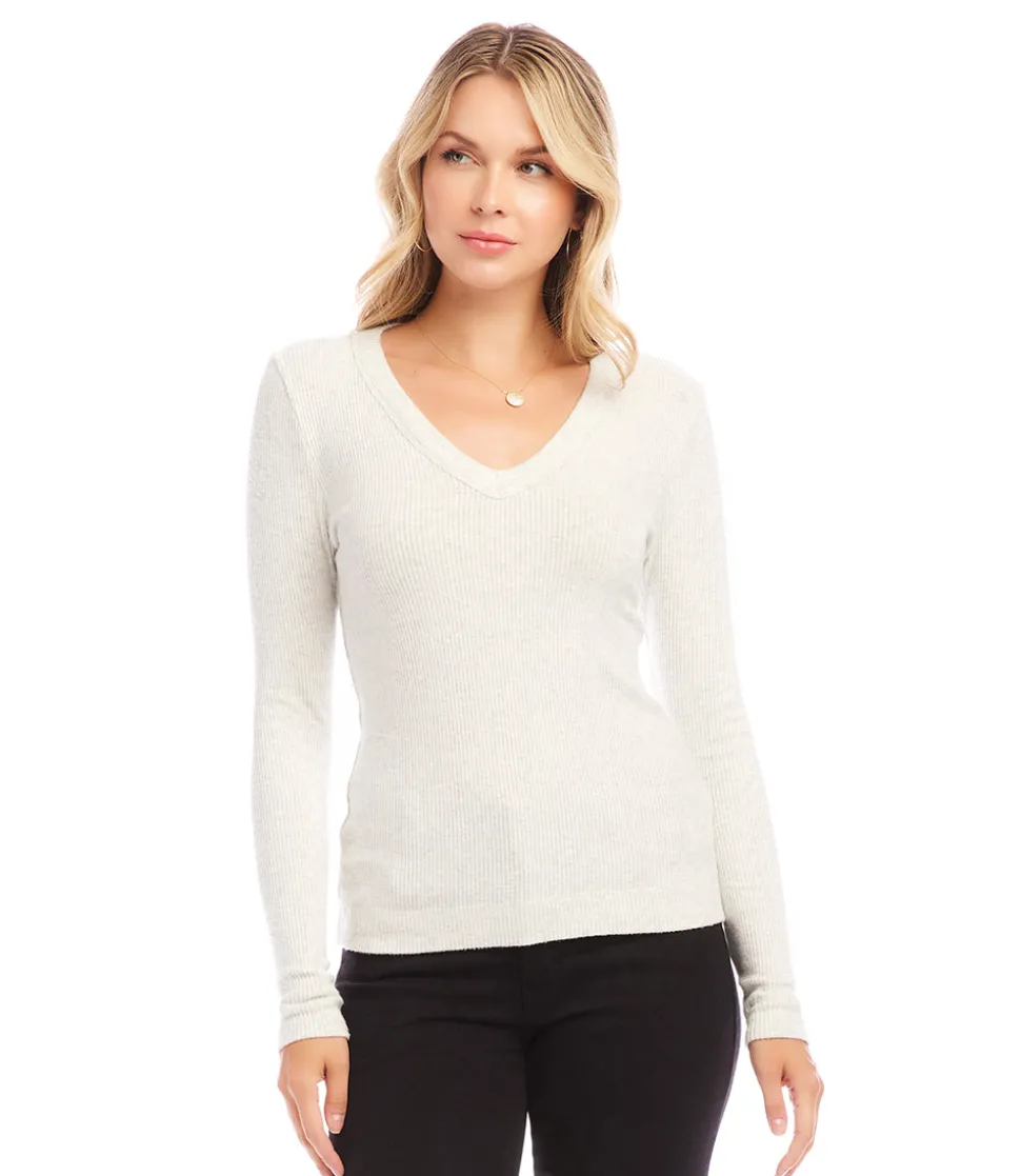 Ribbed Long Sleeve V-neck Top