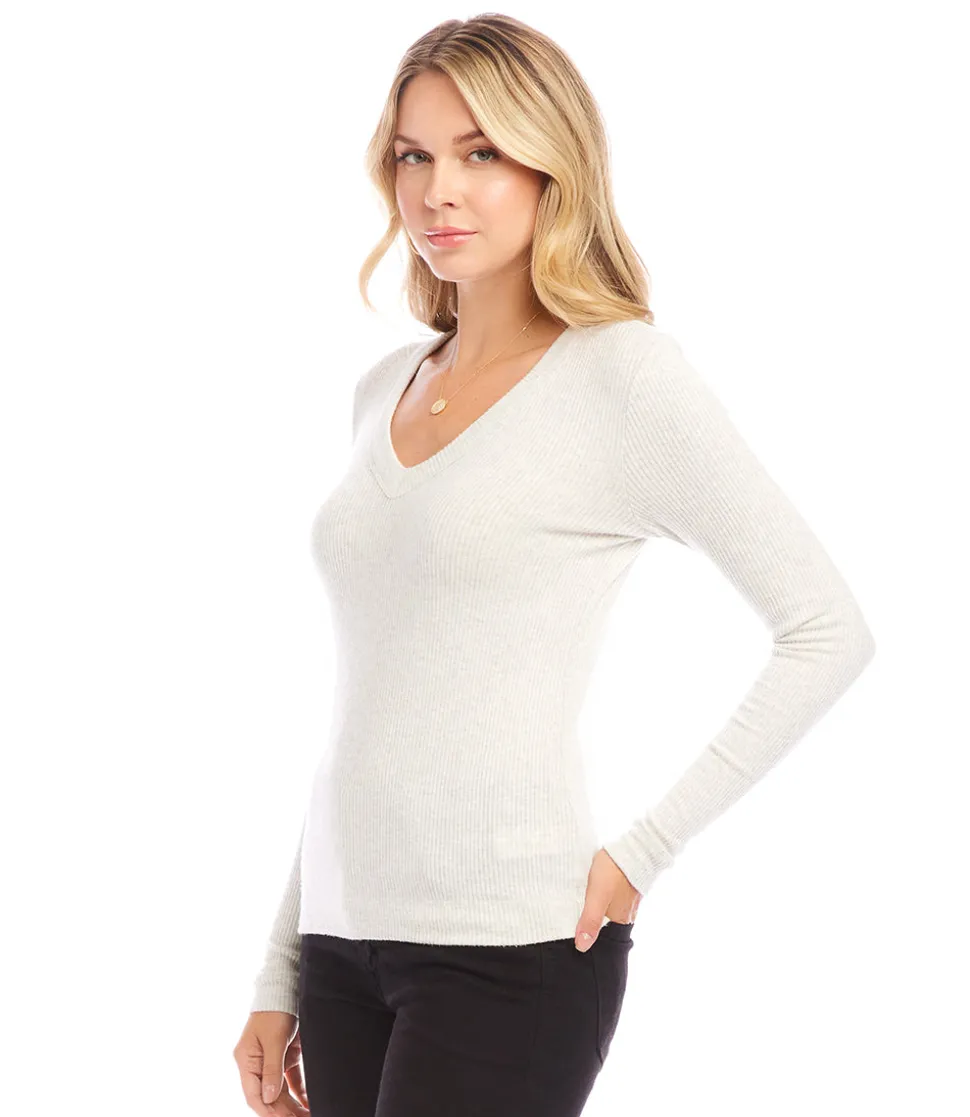 Ribbed Long Sleeve V-neck Top