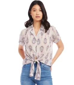Roll Sleeve Tie-Front Top