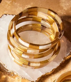 Tiled Gold And Horn Bangles, Set of 5