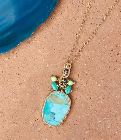 Turquoise Pendant And Beaded Cluster Necklace